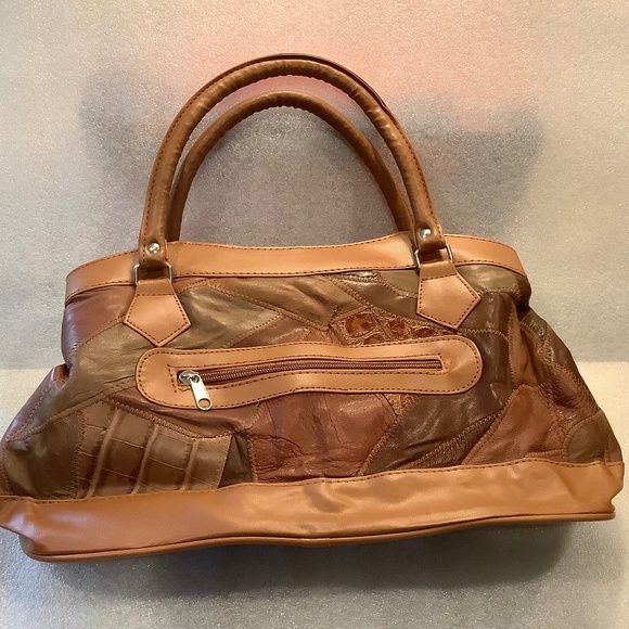 Vintage Women's Brown Patchwork Leather Satchel Handbag NWT - Picture 1 of 6